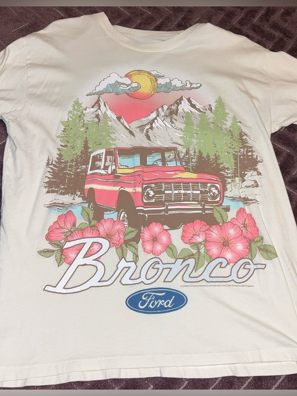 Hollister Cream Tee with Pink and White Bronco Graphic